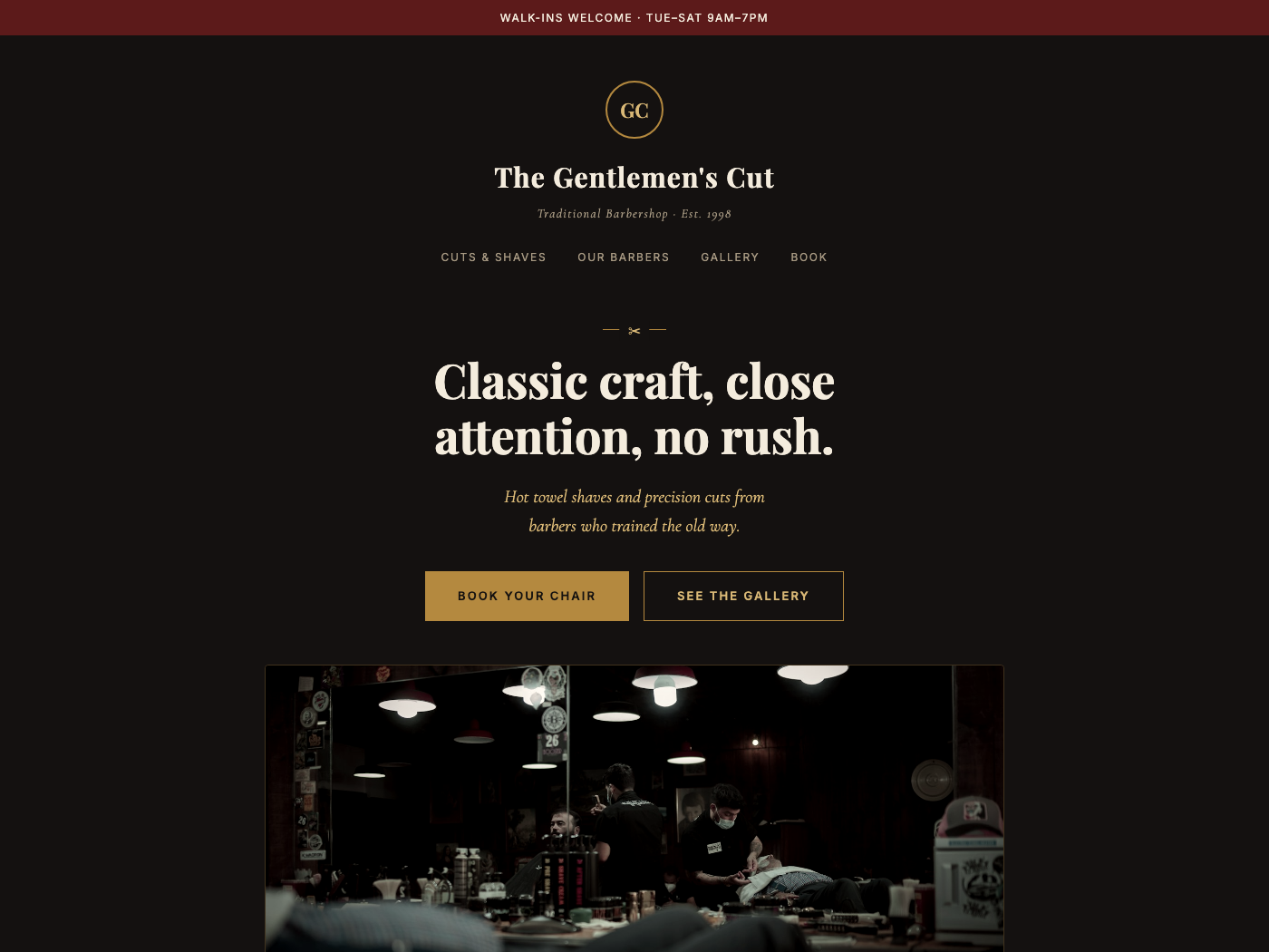 The Gentlemen's Cut homepage concept — vintage black, cream and gold barbershop design with a tariff card