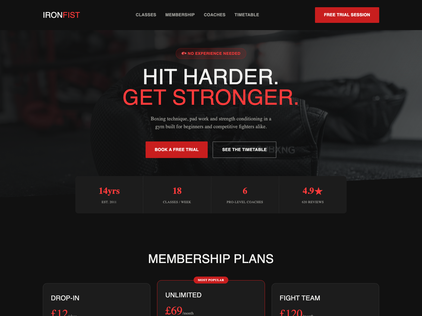 Ironfist Boxing Club homepage concept — gritty red and black design with diagonal sections and tiered membership pricing