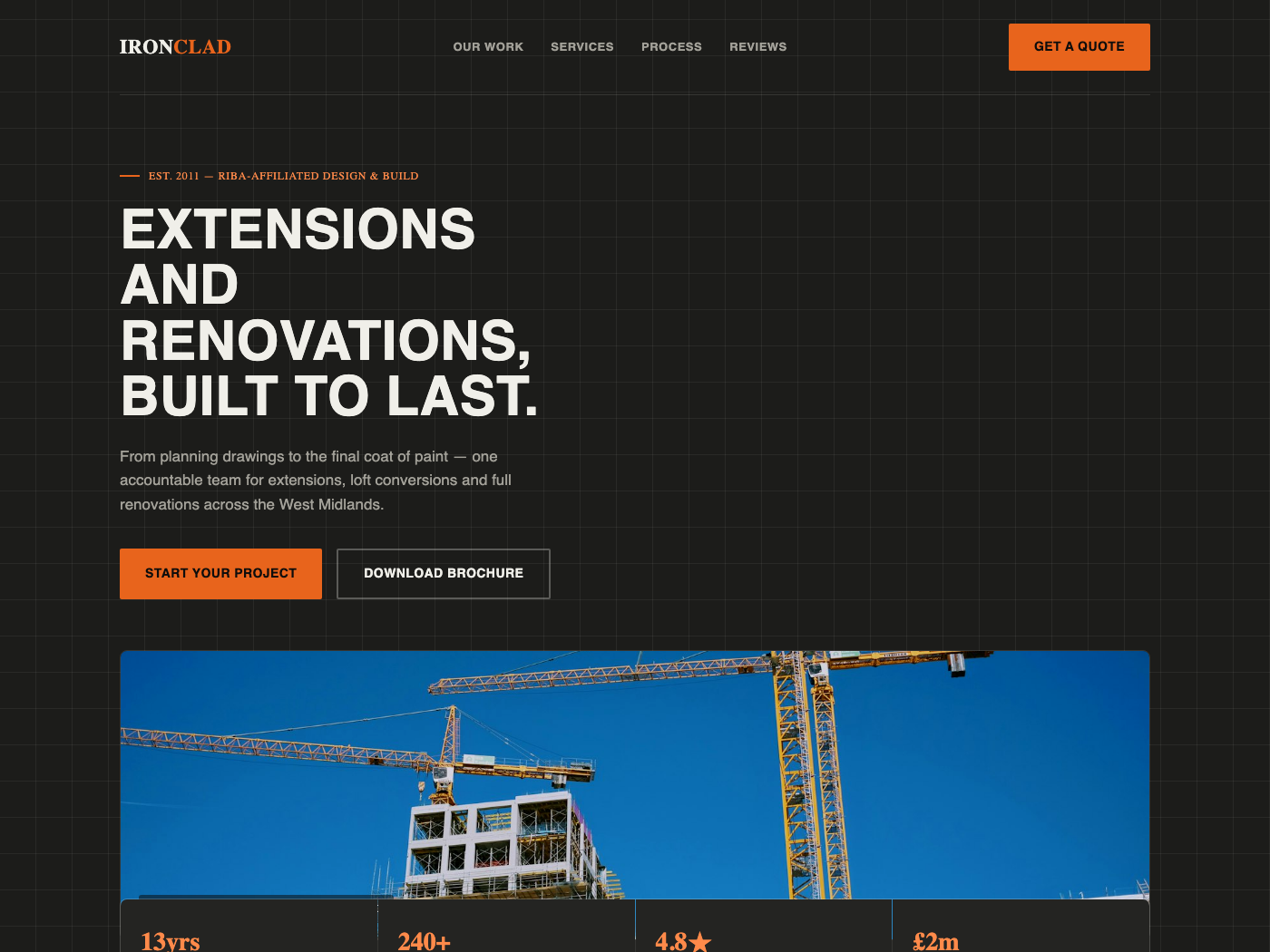 Ironclad Construction homepage concept — blueprint grid background with a masonry project gallery