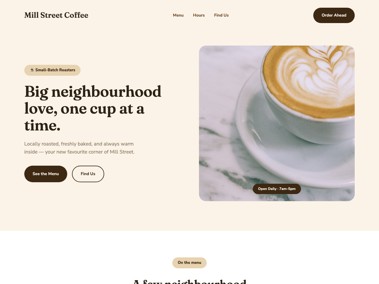Mill Street Coffee homepage concept — warm, cream cafe design