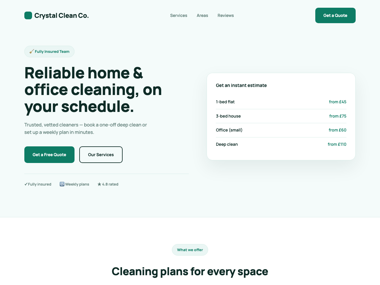 Crystal Clean Co. homepage concept — crisp, minimal cleaning services design