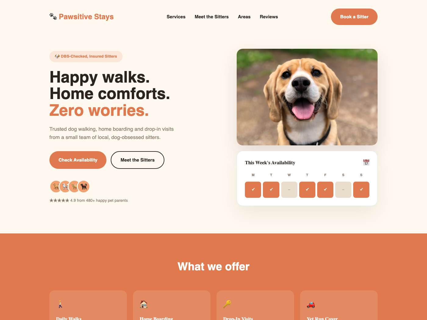 Pawsitive Stays homepage concept — warm terracotta design with a weekly availability calendar widget