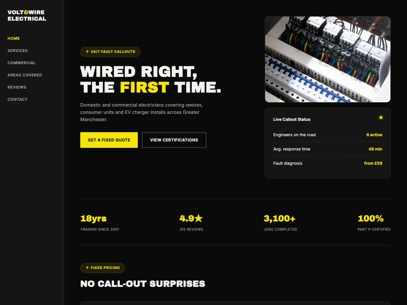 Volt & Wire Electrical homepage concept — high-contrast black and safety-yellow design with side rail navigation