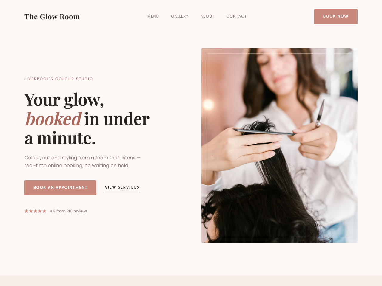The Glow Room homepage concept — light, elegant salon design