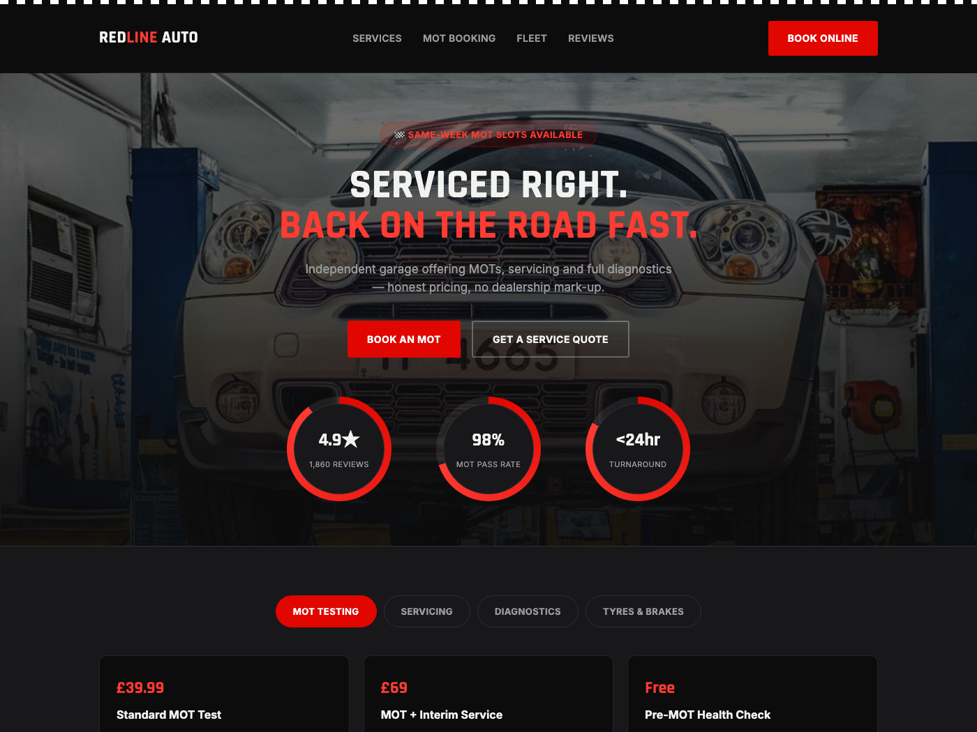 Redline Auto Garage homepage concept