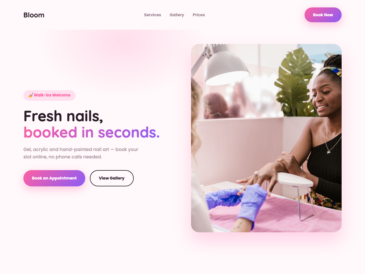 Bloom Nail Studio homepage concept — bright, playful pastel design