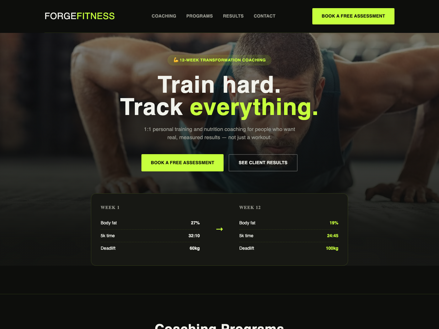 Forge Fitness Coaching homepage concept — dark, high-energy design with a before/after transformation panel