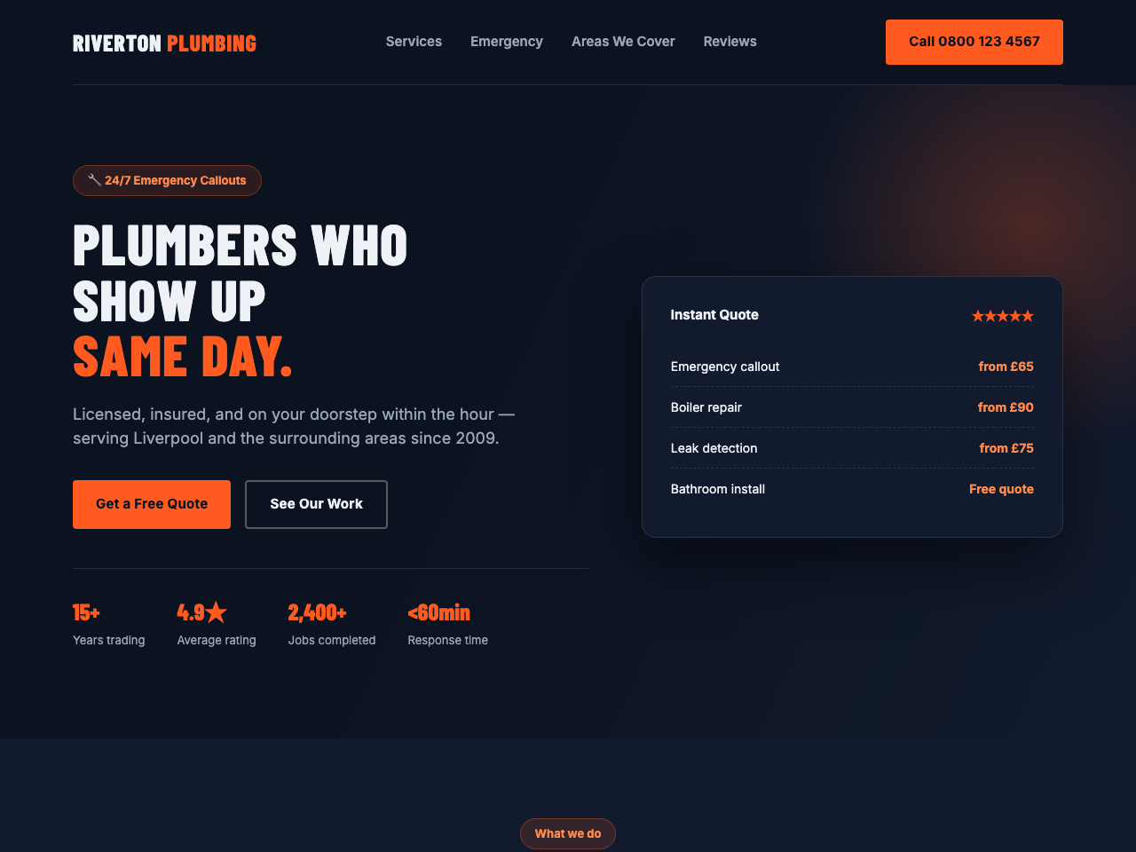 Riverton Plumbing homepage concept — dark, bold, industrial trades design