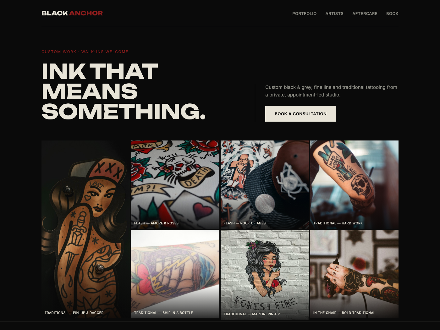 Black Anchor Tattoo Co. homepage concept — moody black and bone design with a flash portfolio image grid