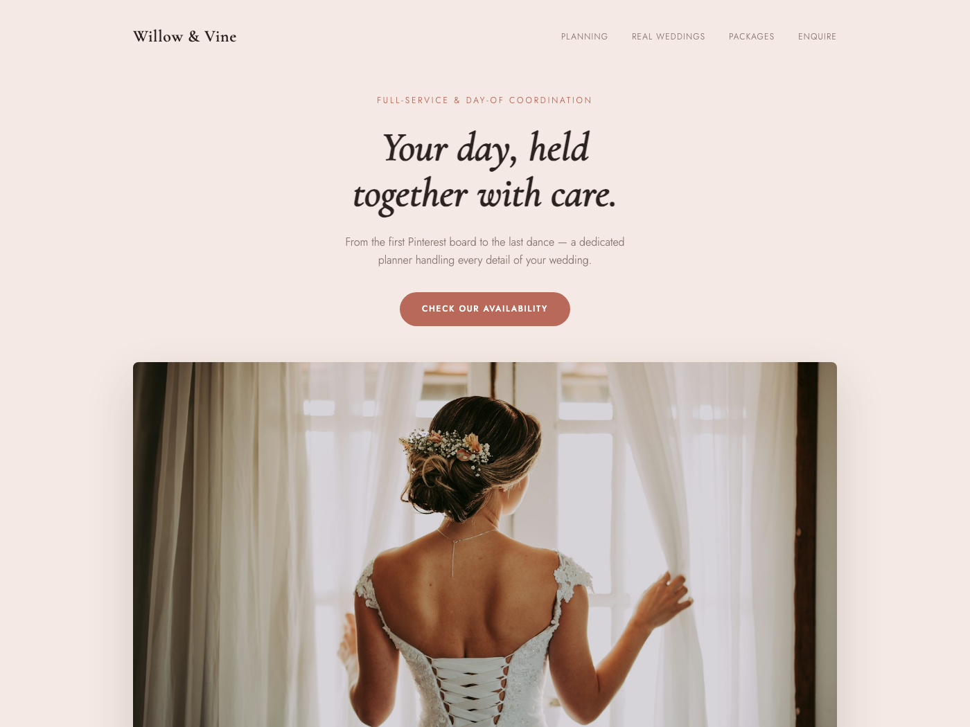 Willow & Vine Weddings homepage concept — blush and cream design with a vertical planning journey timeline