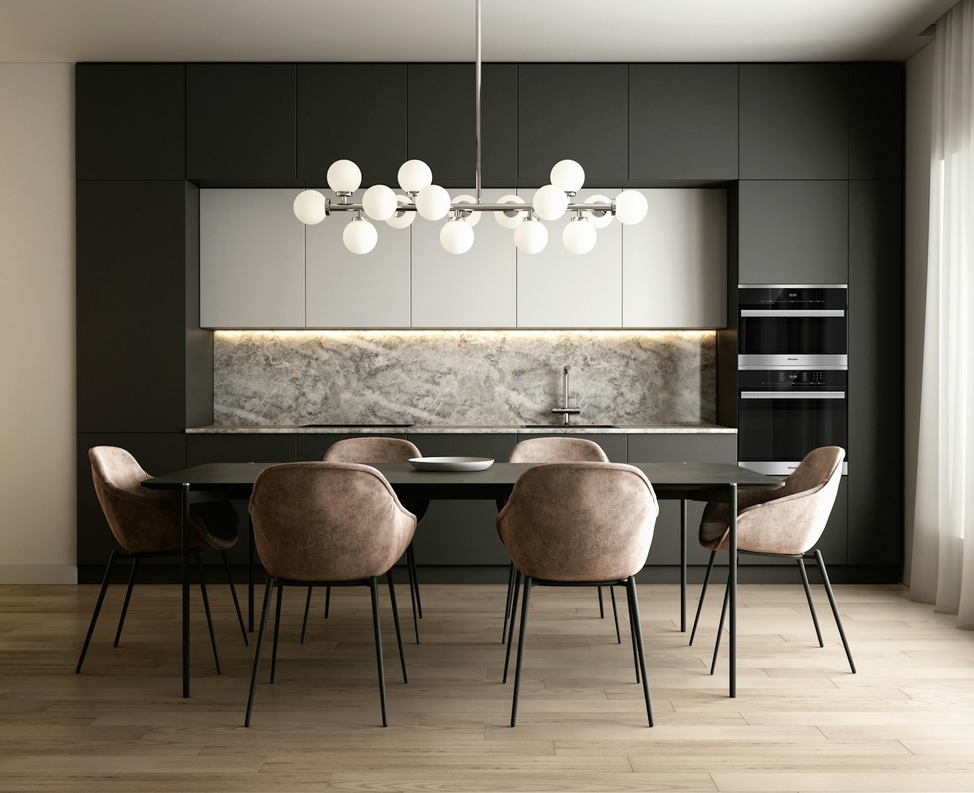 Sleek modern kitchen and dining interior